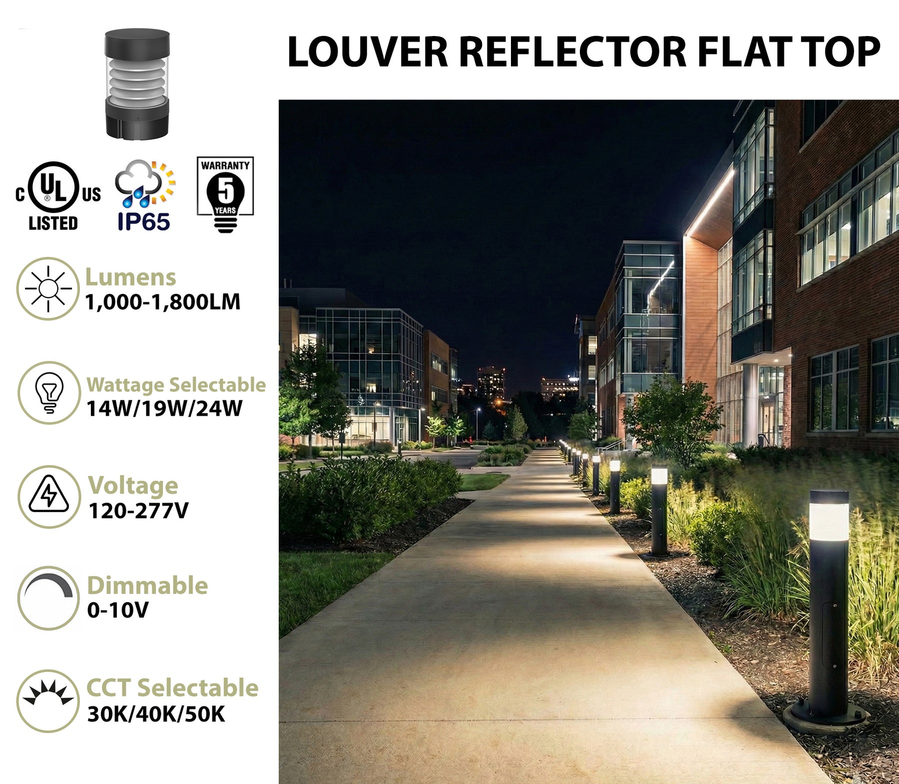Black cylindrical commercial led bollard light with flat top louver reflector and frosted glass diffuser