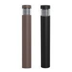 Two modern commercial led bollard lights in matte brown and black with flat top louver reflector for outdoor use