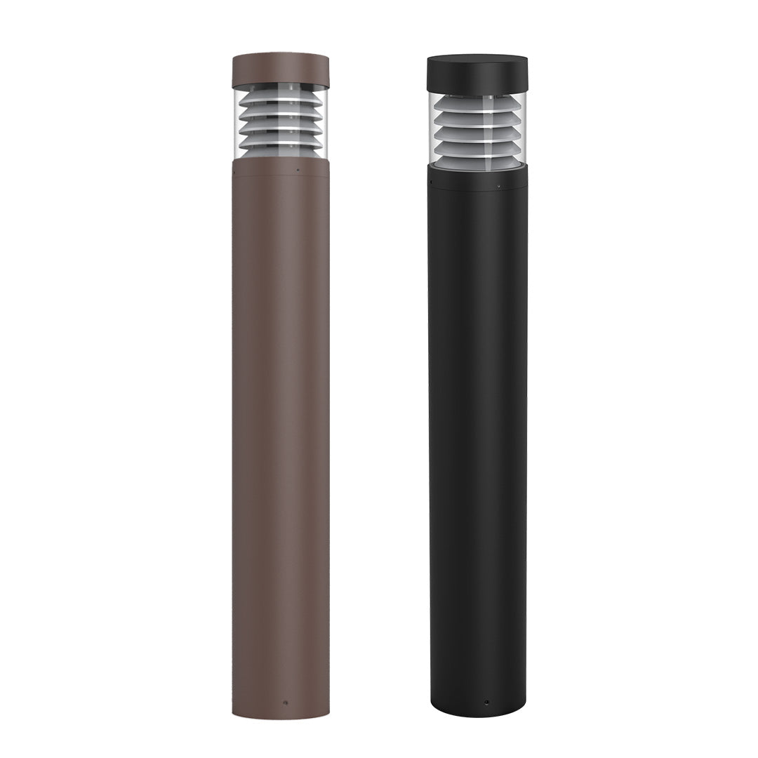 Two modern commercial led bollard lights in matte brown and black with flat top louver reflector for outdoor use