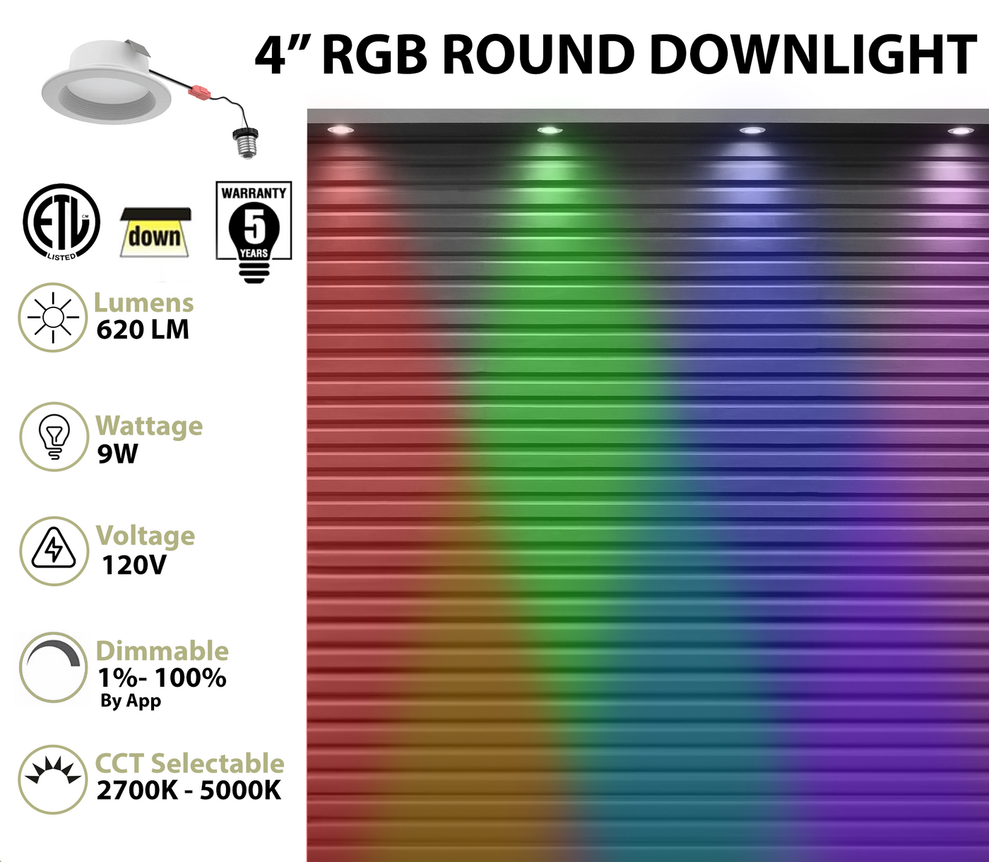 4 Inch LED RGB+W Smart Round Retrofit Downlight, 9W, CCT Selectable, 120V