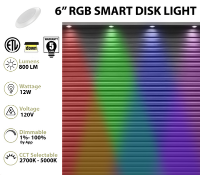 6 Inch LED RGB+W Smart Disk Light, 12W, CCT Selectable, 120V