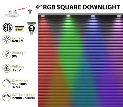 4 Inch LED RGB+W Smart Square Retrofit Downlight, 9W, CCT Selectable, 120V