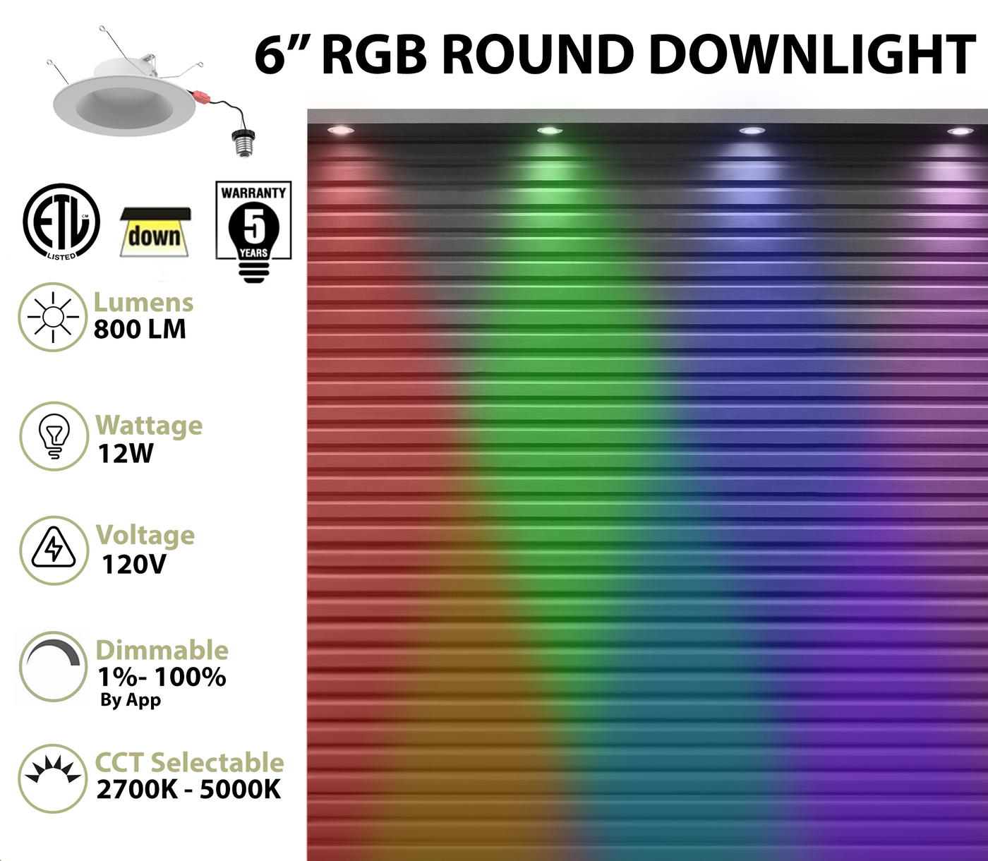 6 Inch LED RGB+W Smart Round Downlight Retrofit, 12W, CCT Selectable, 120V