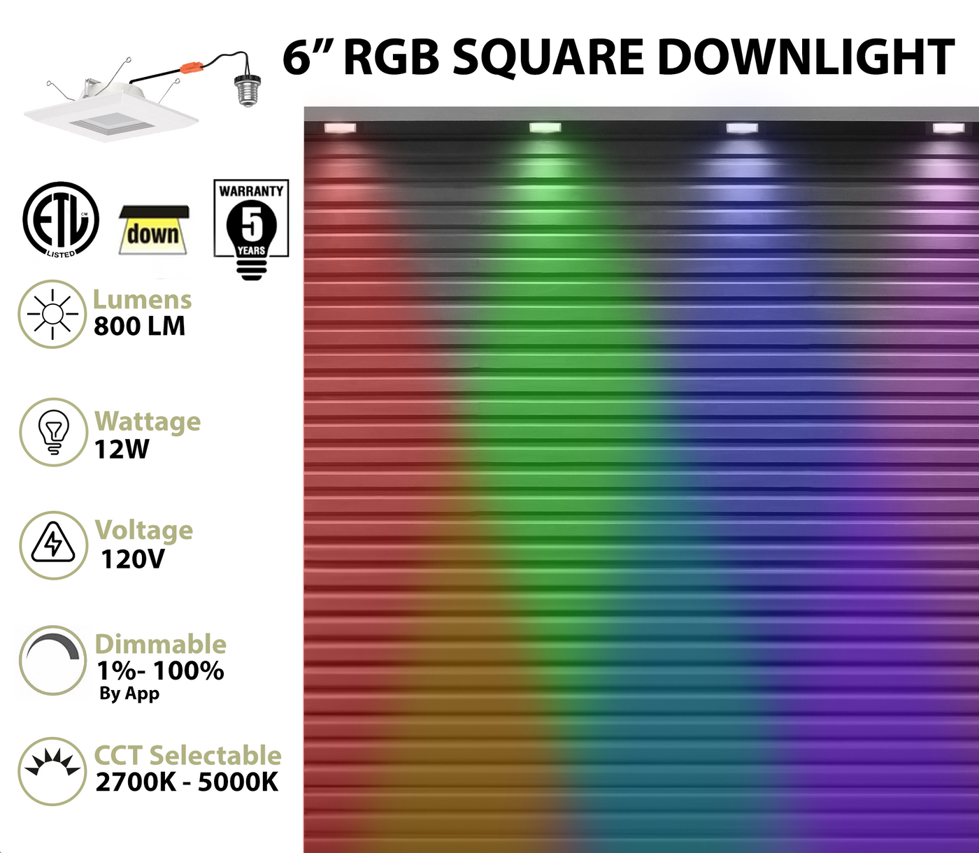 6 Inch LED RGB+W Smart Square Retrofit Downlight, 12W, CCT Selectable, 120V