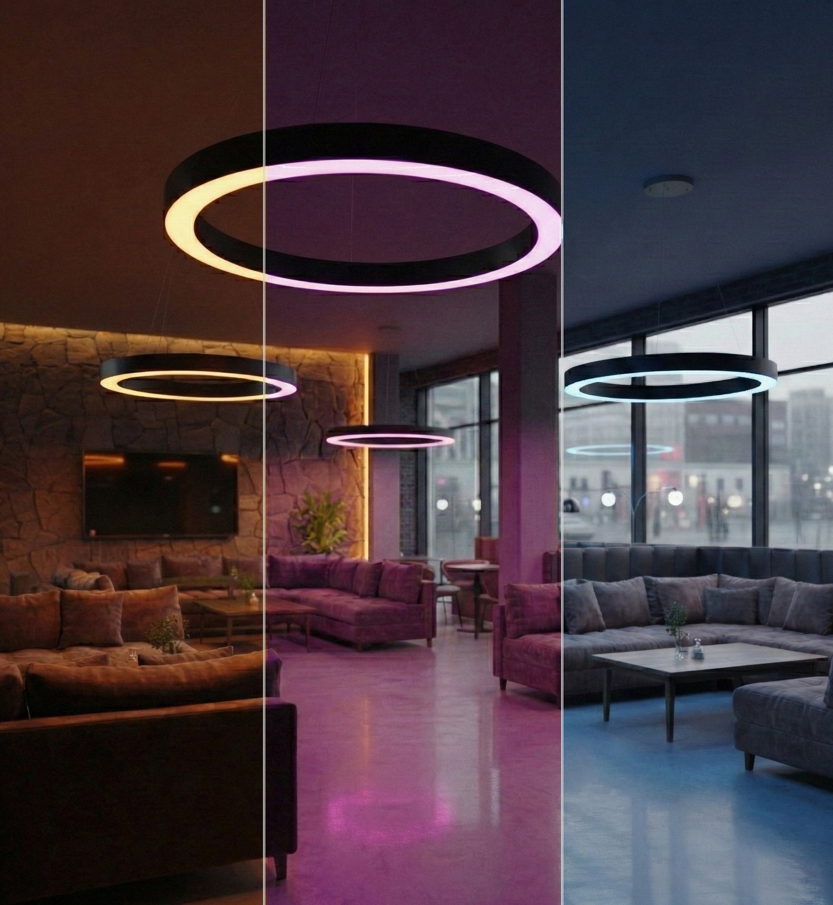 24" LED RGBW Round Suspended Fixture, 4000 Lumen Max, Wattage and CCT Selectable, 120-277V, White or Black Finish