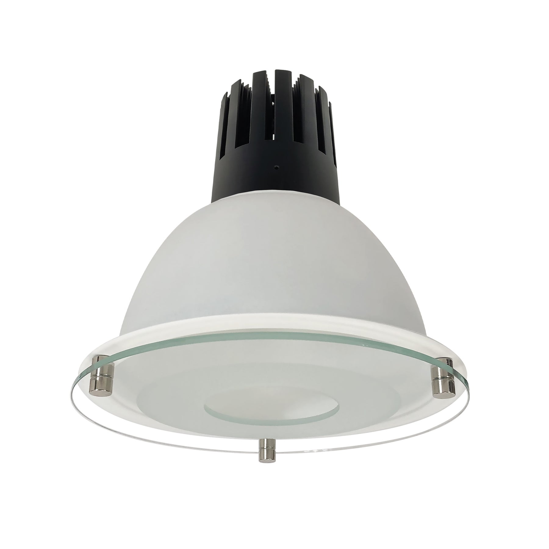 A modern industrial ceiling light fixture with a white dome shade, a black metal heat sink top, and a clear glass reflector rim, shown against a plain white background.