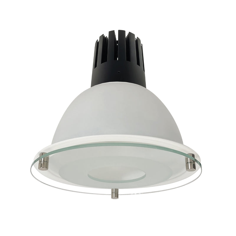 A modern industrial ceiling light fixture with a white dome shade, a black metal heat sink top, and a clear glass reflector rim, shown against a plain white background.