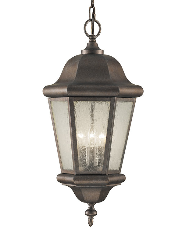 Martinsville collection three light outdoor pendant lantern in corinthian bronze with frosted glass panels and ornate design