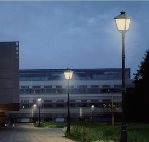 Vintage-style black wrought iron led post top light with glowing warm white lantern 8400 lumen max for shopping malls