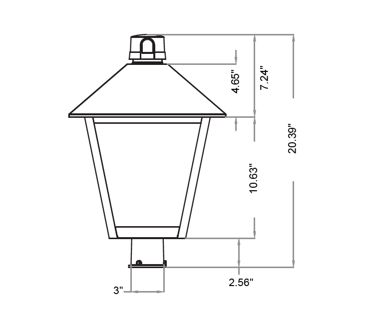 Classic-style led post top light with hexagonal glass and metal frame showing dimensioned measurements for lumen max