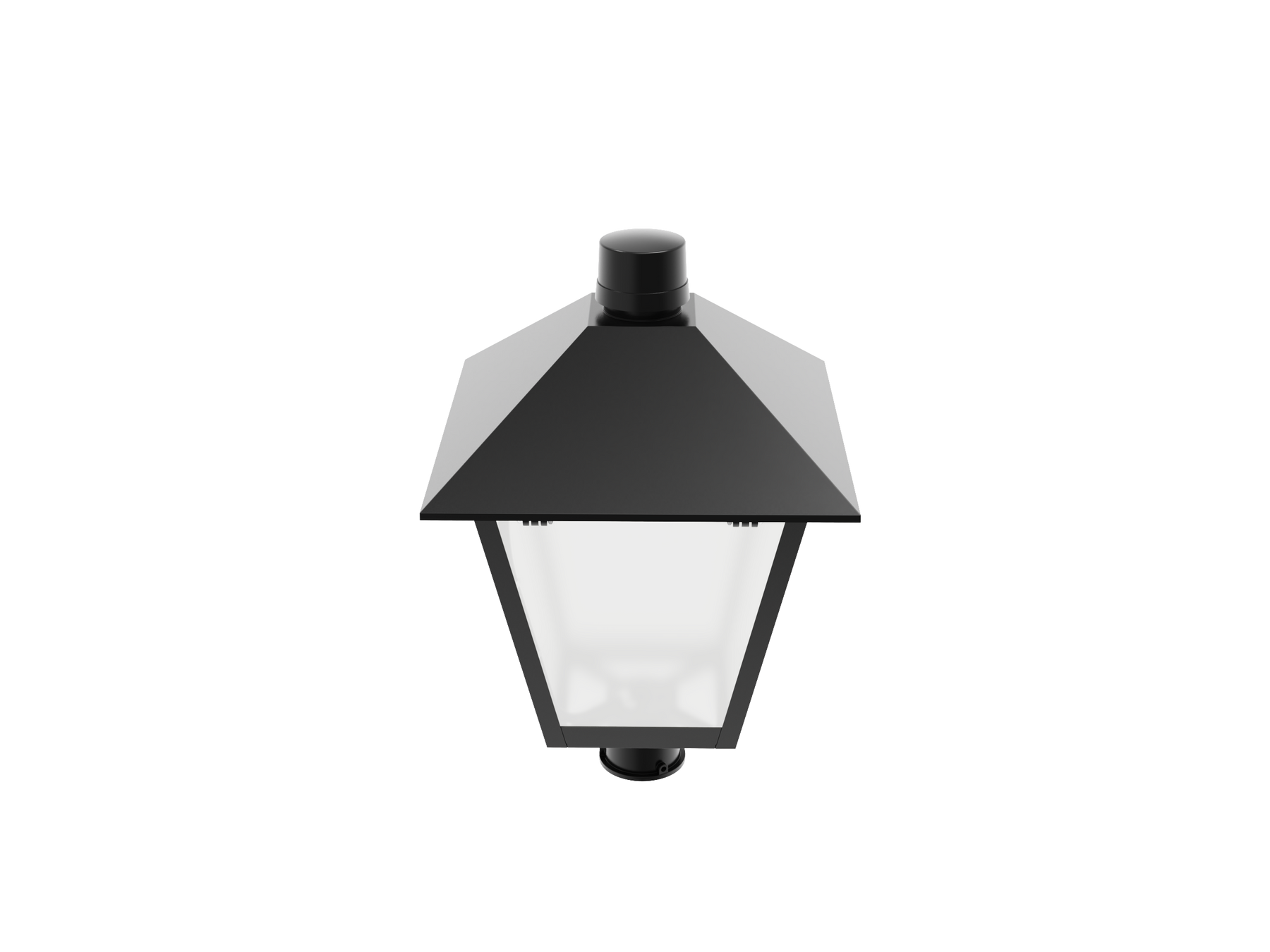 Black metal led post top light with hexagonal glass panel and domed top offering 8400 lumen max for shopping malls