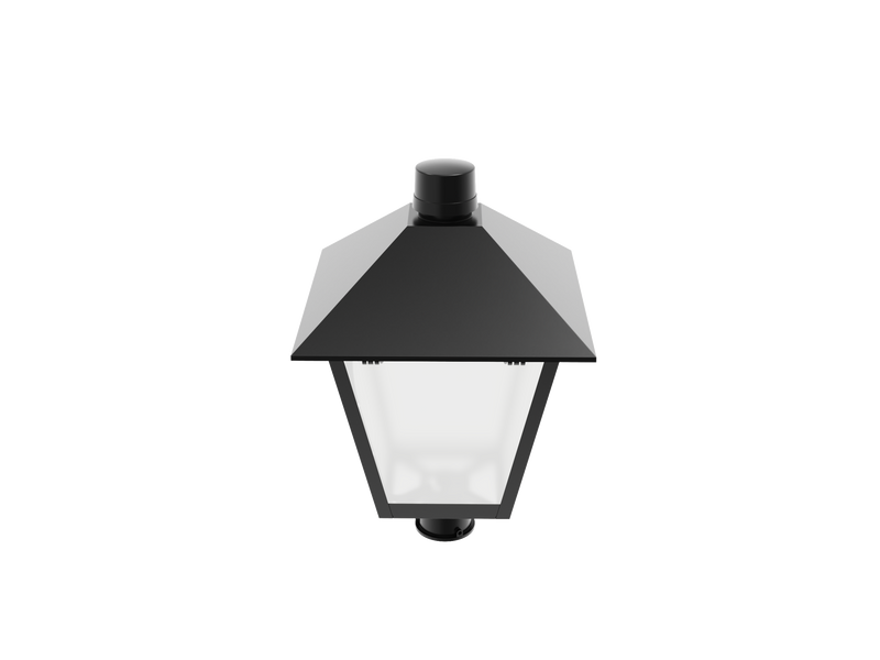 Black metal led post top light with hexagonal glass panel and domed top offering 8400 lumen max for shopping malls