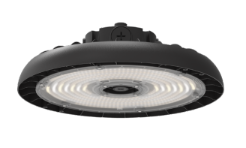Black industrial led round high bay light with circular recessed design and concentric rings 120-277v finish