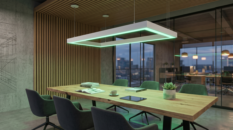 Modern rectangular pendant light with glowing green led frame and white finish rgbw beam connector for architectural use