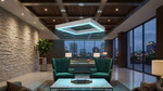 Modern geometric ceiling light with a glowing blue neon outline and white frame.