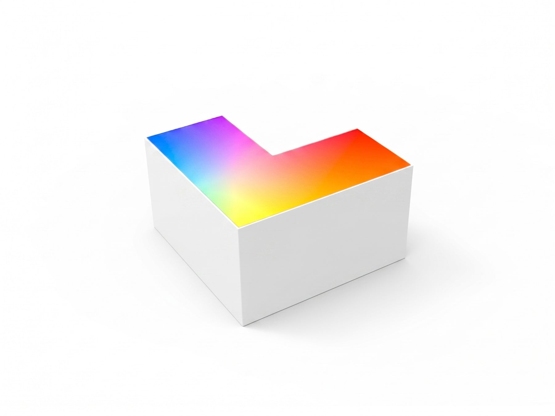 White l-shaped rgbw beam connector with smooth glossy surface displaying vibrant rainbow colors on top for architectural use