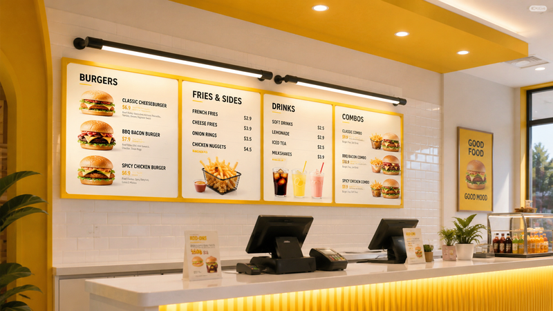 A bright fast-food restaurant interior with large yellow-bordered menu boards showing burgers, fries, drinks, and combos above a white counter with cash registers and small plants.