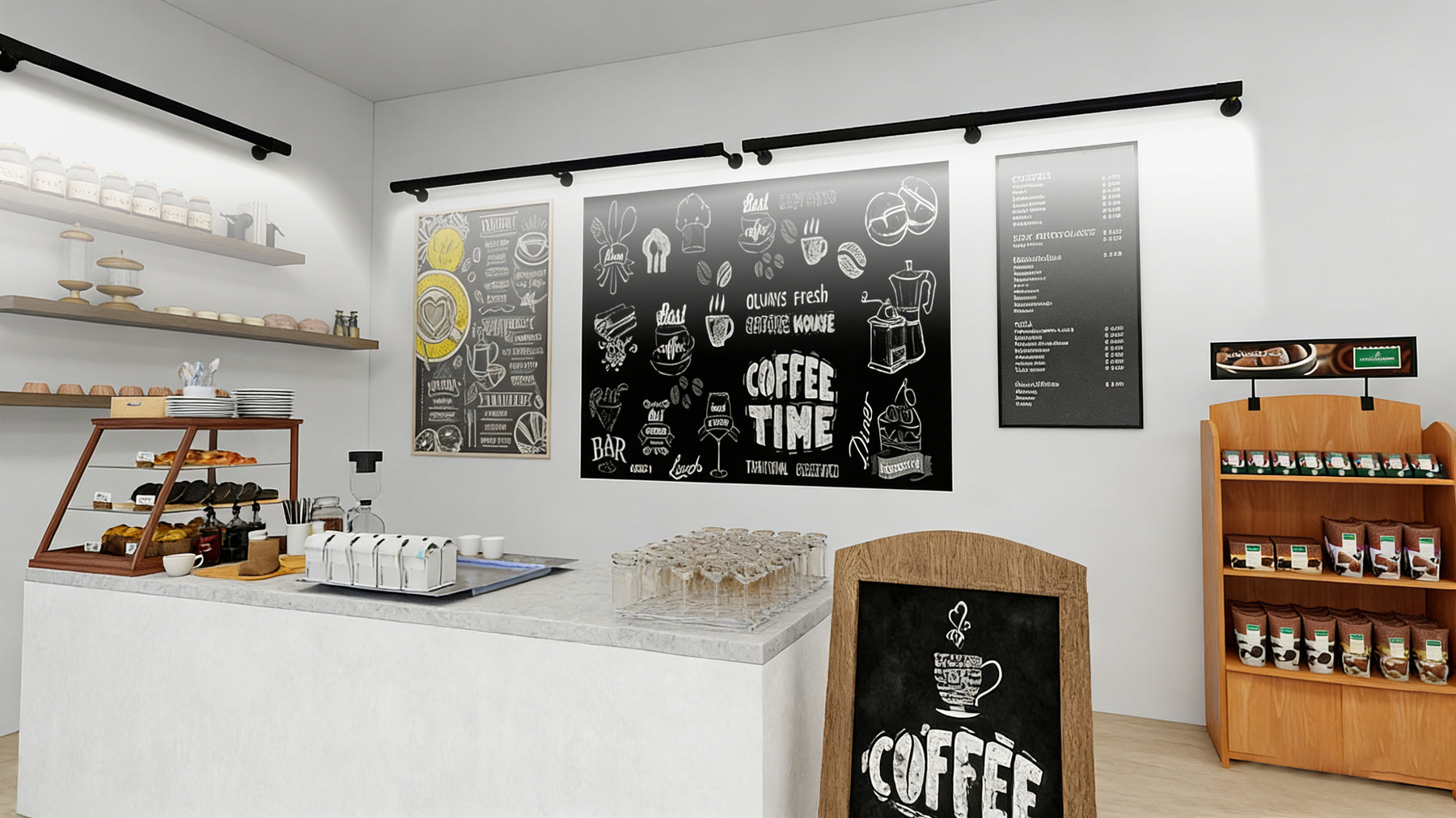 A modern coffee shop interior with a white counter, wooden shelving, display racks of packaged goods, and three large black chalkboard-style wall menus featuring coffee-themed illustrations and text.