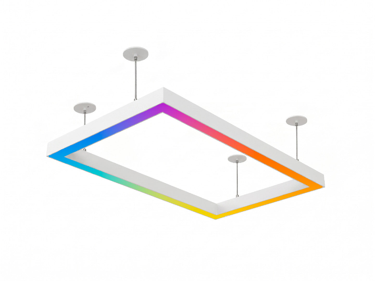 A modern l shape linear architectural rgbw beam connector with a white frame and vibrant rainbow led lighting edges