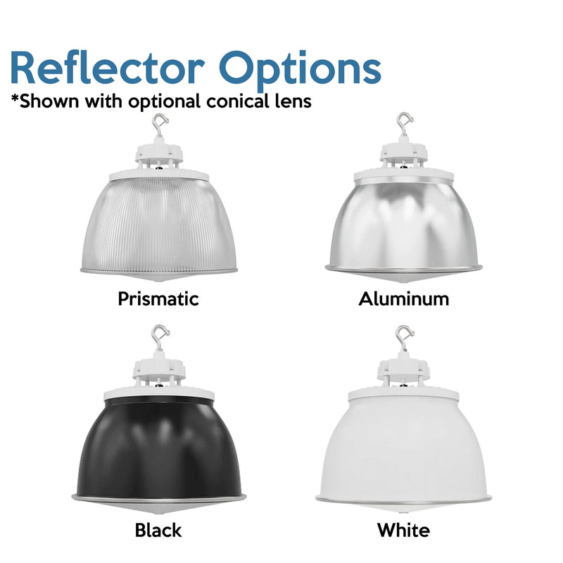 Static led ufo high bay with 22500 lumens 150 watt 5000k white finish and four industrial pendant reflectors