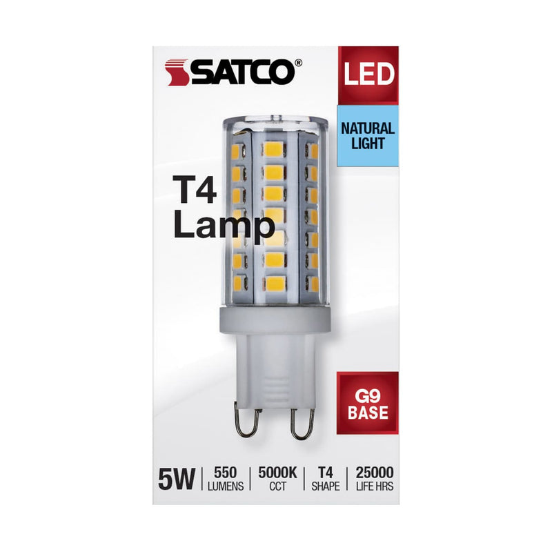 Satco LED T4 lamp packaging with product details on a white background