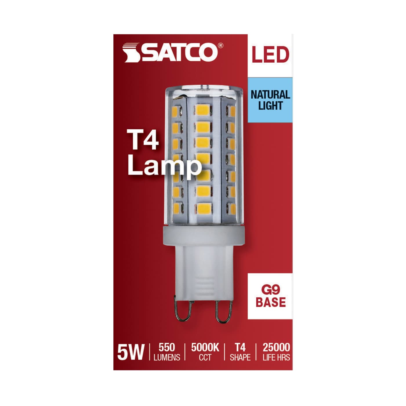 Satco LED T4 lamp packaging with product details on a red background