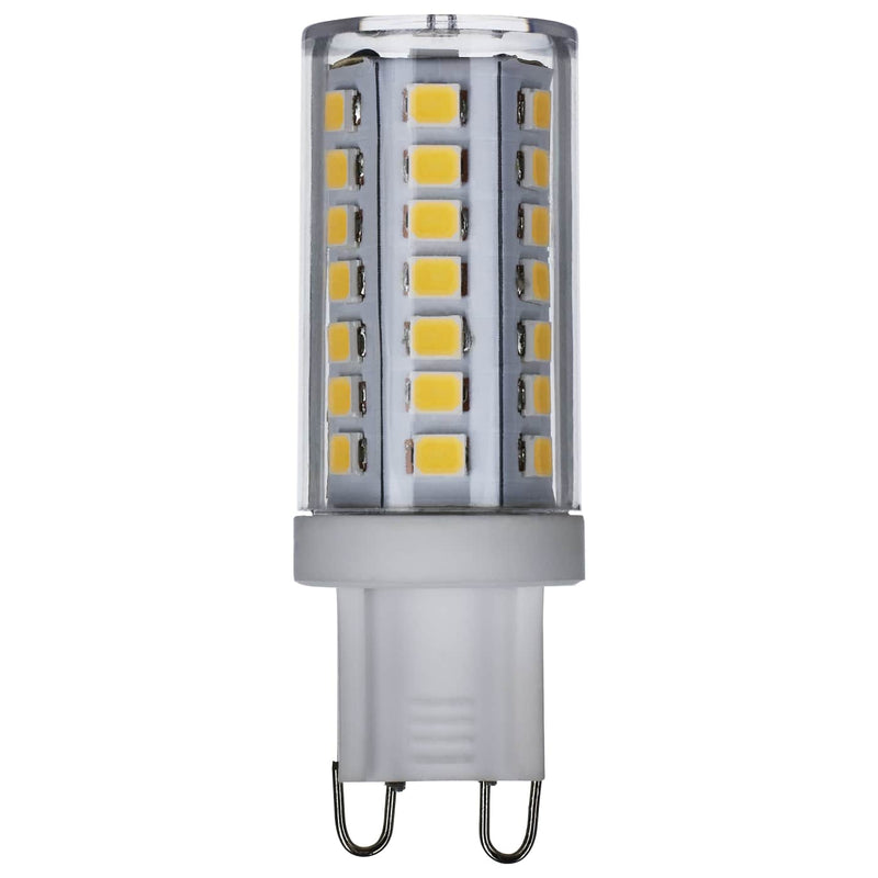 A cylindrical LED corn bulb with a clear glass top, yellow LED chips, and a silver metal G10 base on a white background.