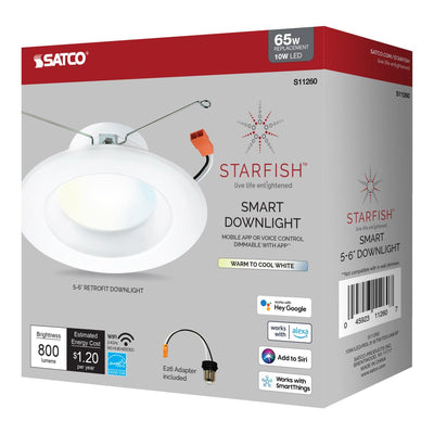 5-6 Inch LED Recessed Downlight, 10W, 800 Lumens, Tunable White, Starfish IOT, 120V