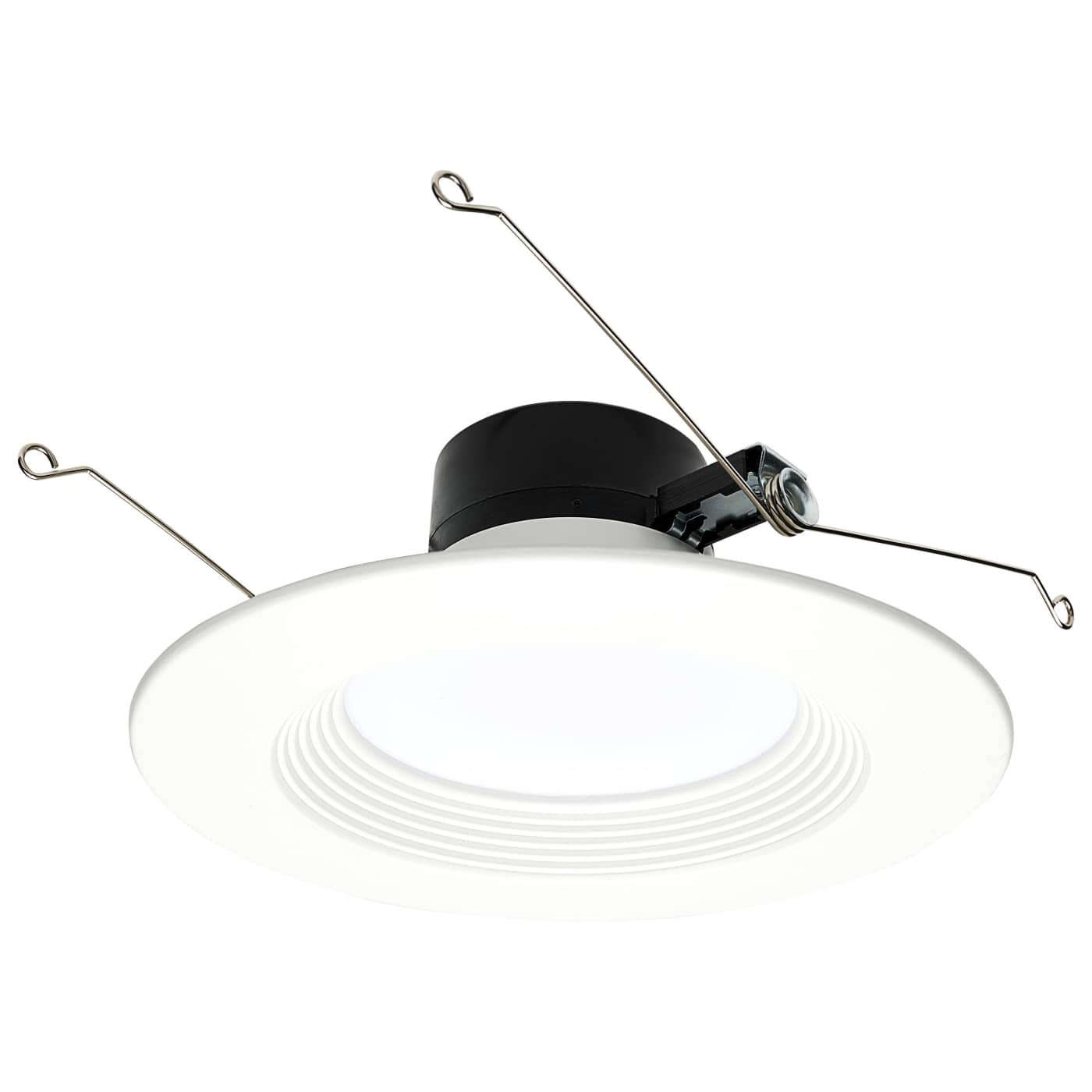 A recessed ceiling light fixture with a white circular diffuser, a black central housing, and two silver metal hanging wires, shown against a solid white background.