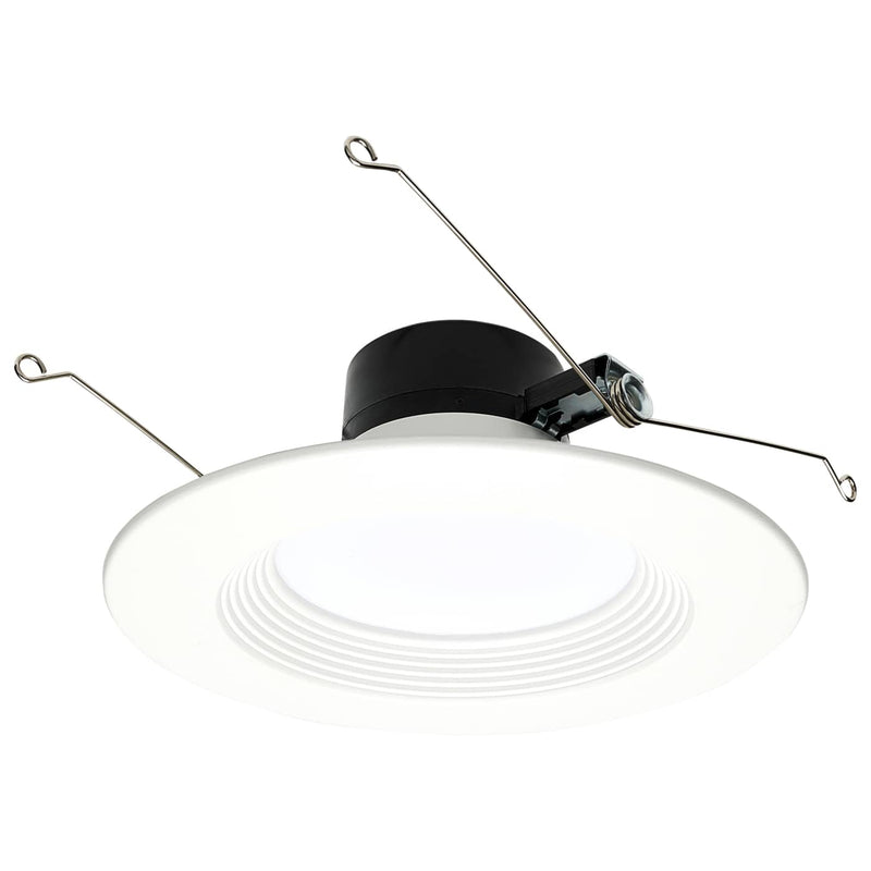 A recessed ceiling light fixture with a white circular diffuser, a black central housing, and two silver metal hanging wires, shown against a solid white background.