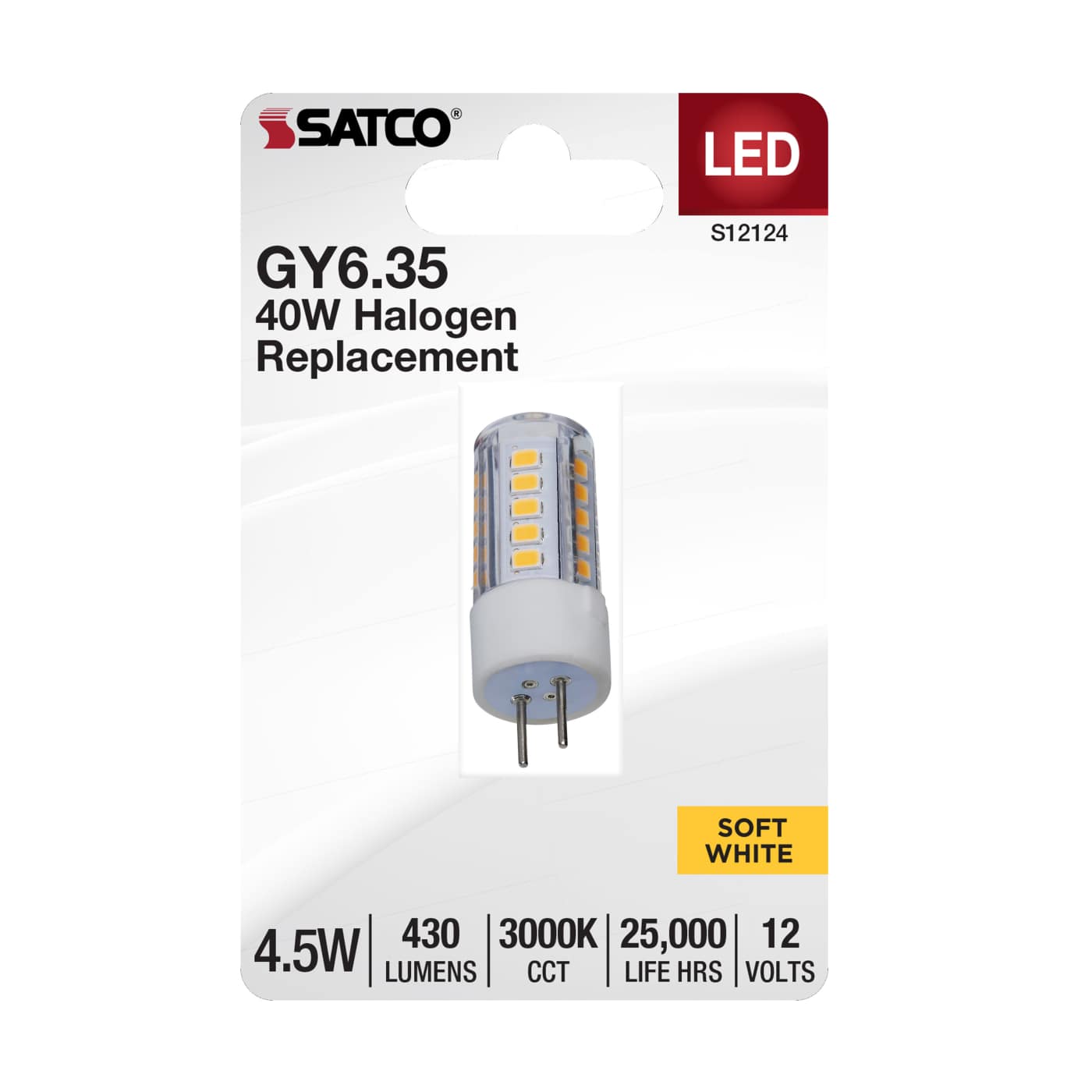 SATCO GY6.35 40W Halogen Replacement LED G10 bulb in its original retail packaging, featuring a soft white color and 12V rating.