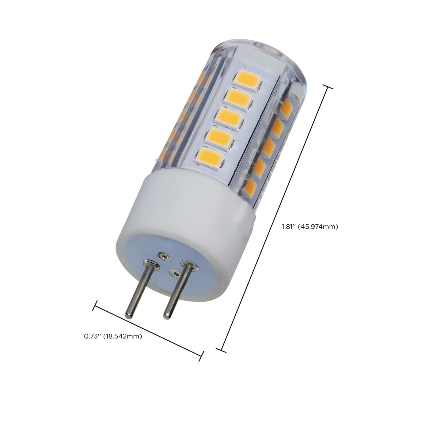 An LED G4RI bulb with dimension lines and text indicating its height of 1.8 inches (45.