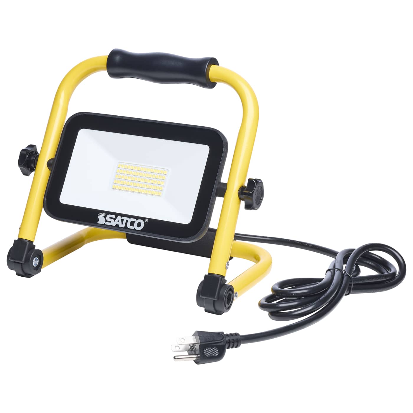 A Satco portable LED work light with a yellow and black handle, shown with its power cord and plug on a white background.