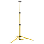 A yellow adjustable music stand with a three-legged tripod base and black plastic locking collars, shown on a solid white background.