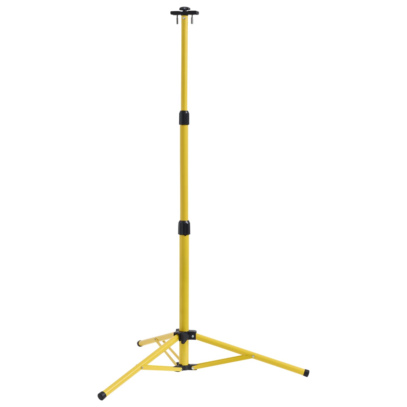 A yellow adjustable music stand with a three-legged tripod base and black plastic locking collars, shown on a solid white background.