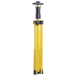 A yellow and black folding tripod shown in its folded position against a plain white background.