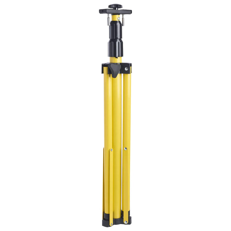 A yellow and black folding tripod shown in its folded position against a plain white background.
