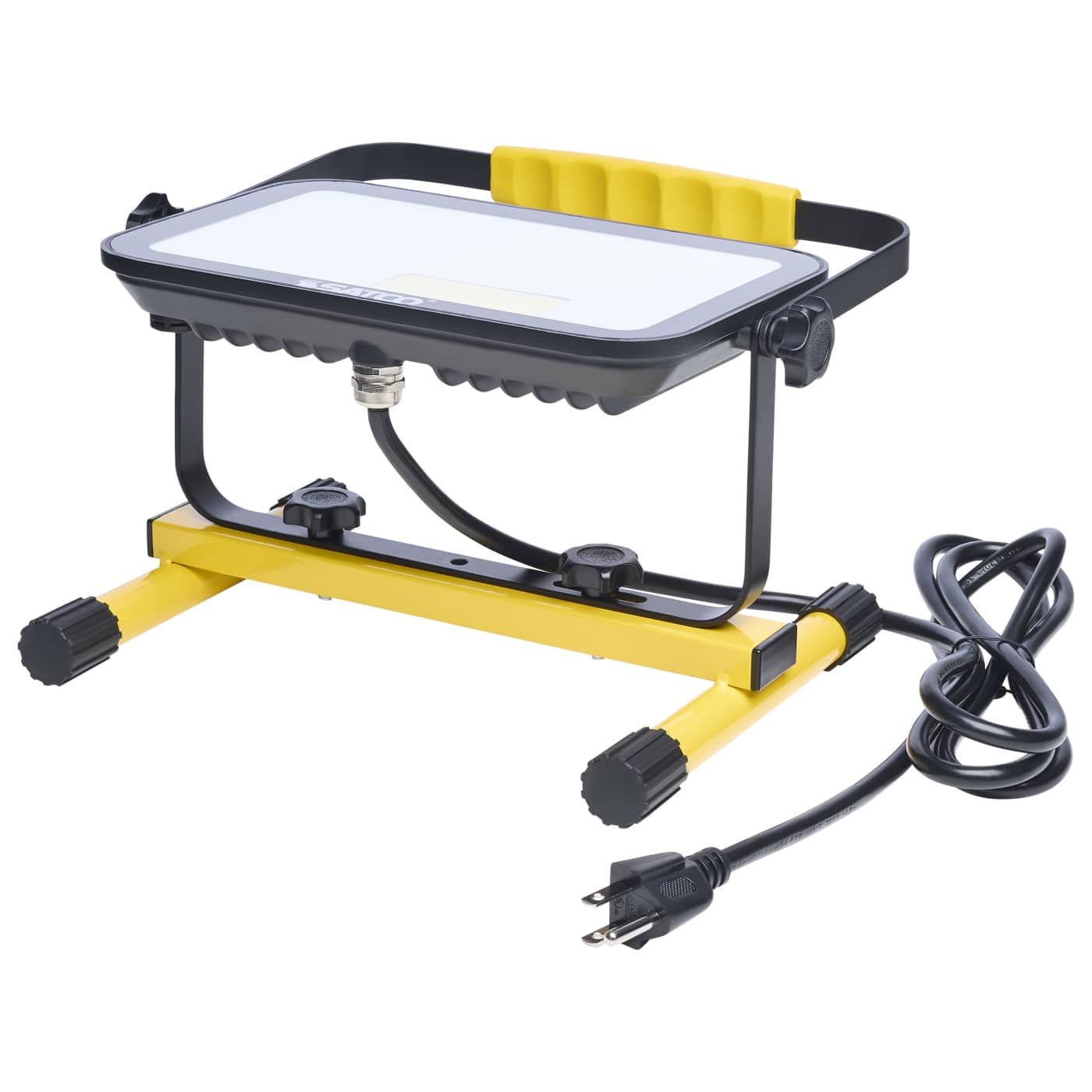 A portable work light with a yellow and black metal stand, featuring a white diffuser panel on top, a yellow handle, and an attached black power cord with a US plug, shown on a white background.