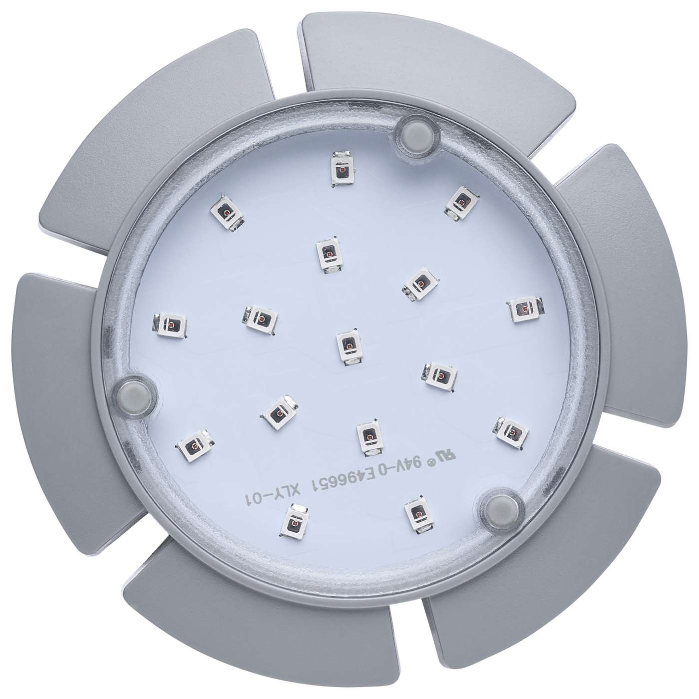 Circular LED light component with multiple small LED lights on a white background