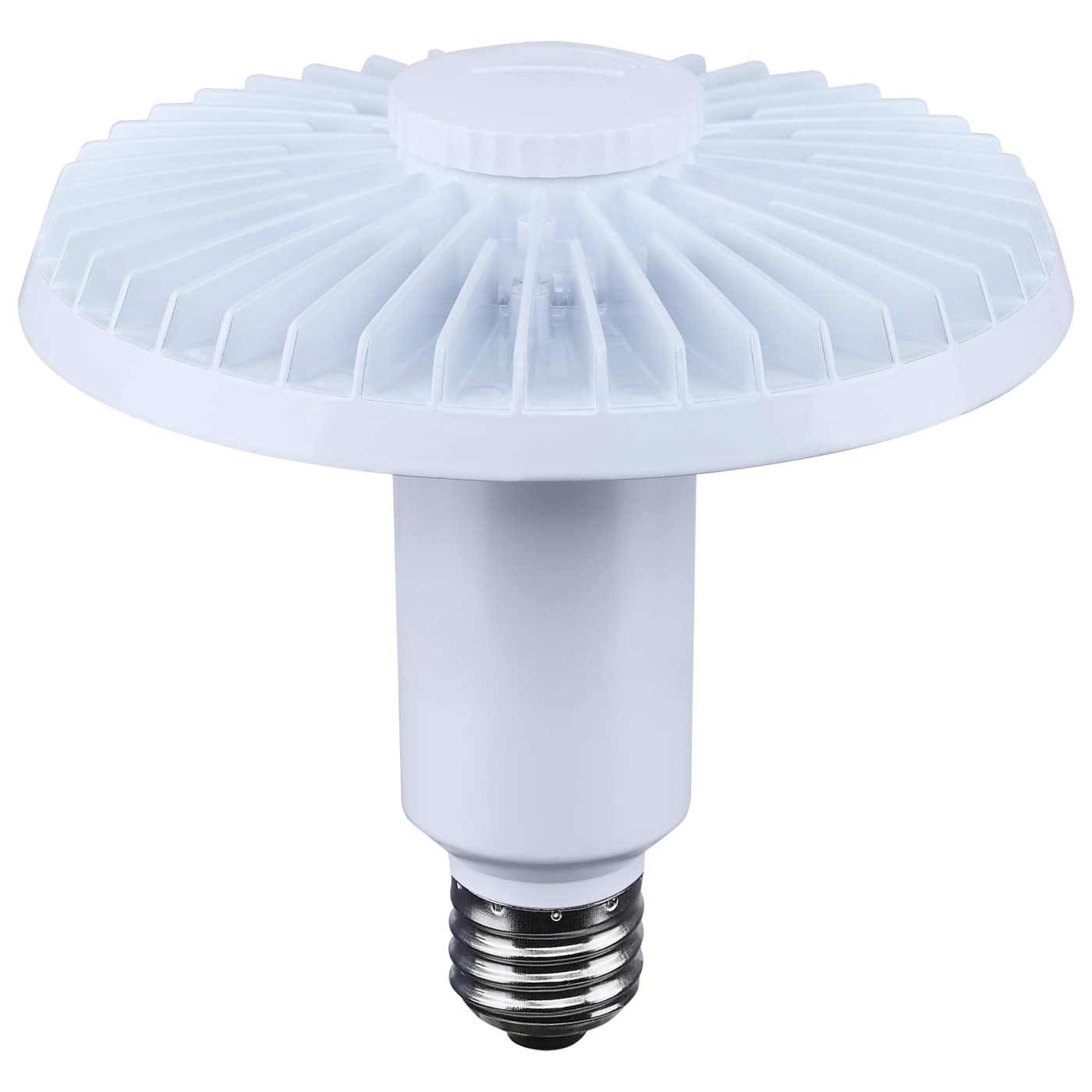 A white LED high-bay grow light with a ribbed circular top canopy and a threaded metal E14 screw base, shown on a solid white background.