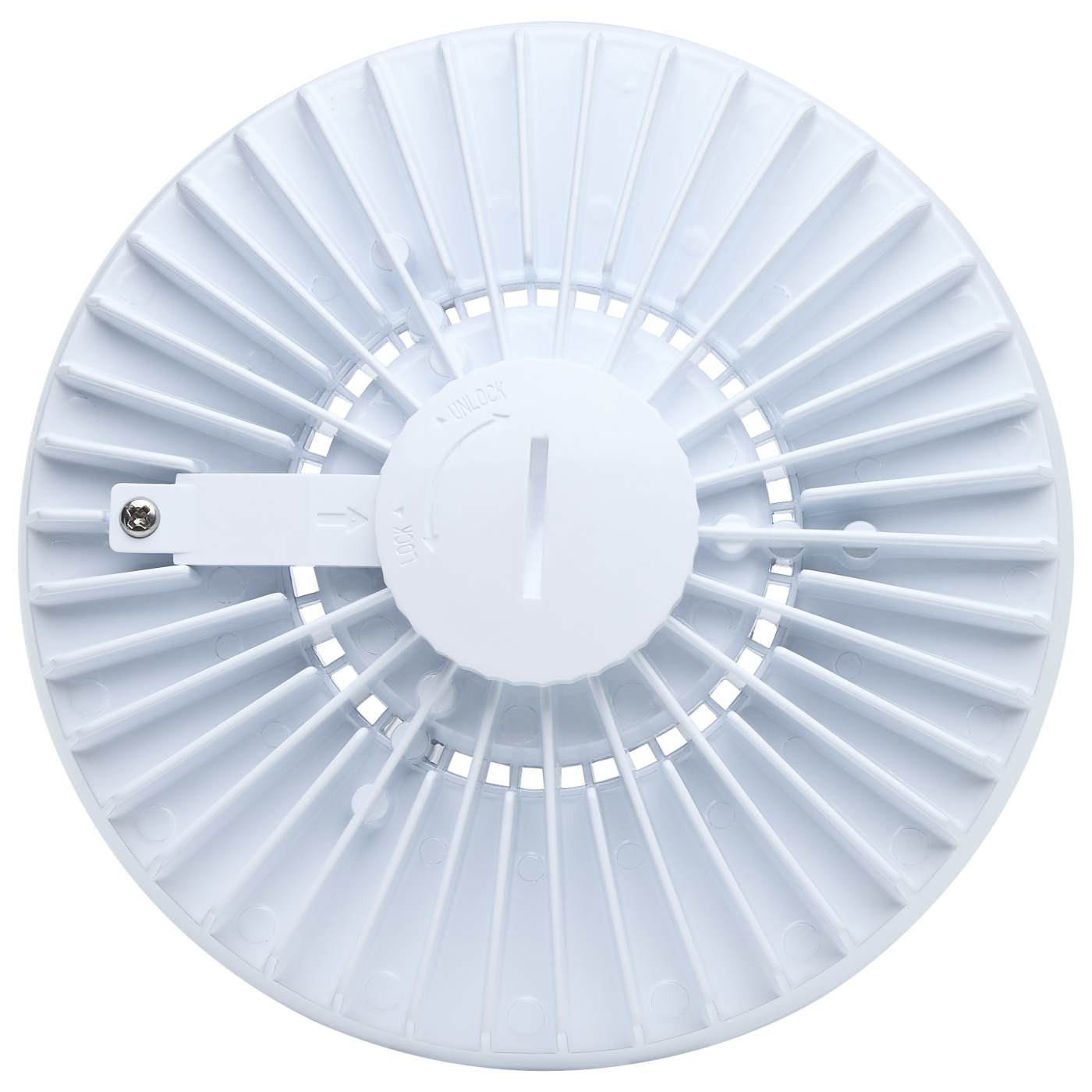 Round white fan with blue blades on a white background