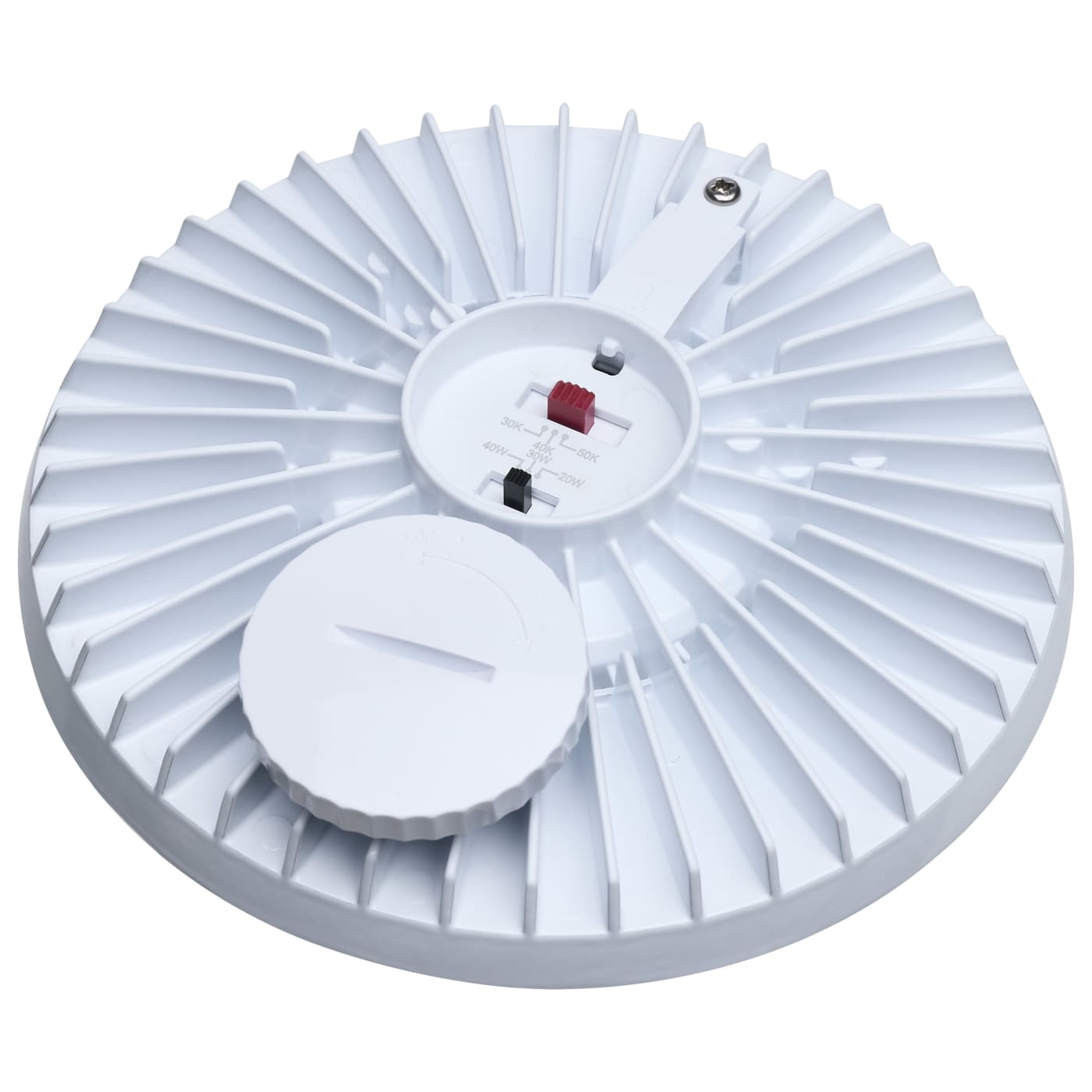 A white circular electronic device with a ribbed outer edge, a central screw terminal, and a small red component, shown on a plain white background.