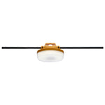 Ceiling light fixture with white shade and gold fixture on a white background