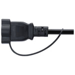 A close-up of a black plastic electrical plug connector with a short attached black cable on a plain white background.
