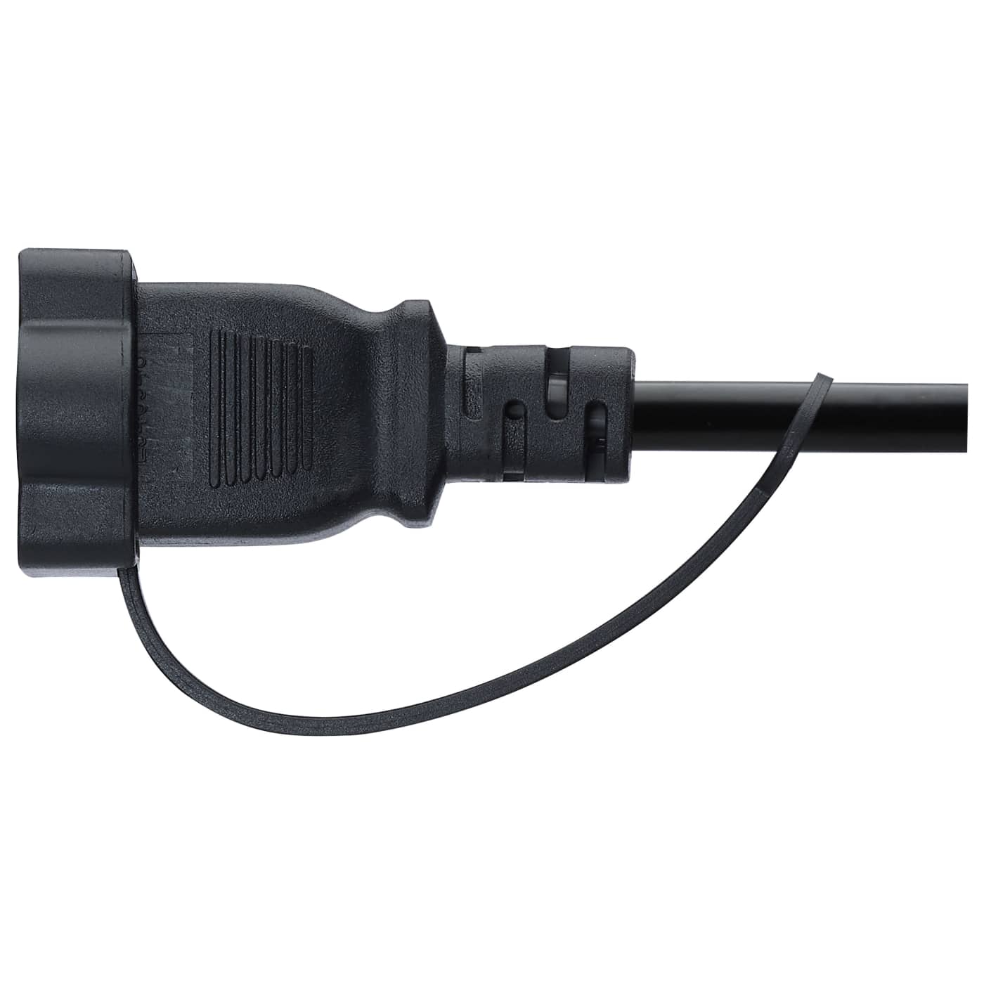 A close-up of a black plastic electrical plug connector with a short attached black cable on a plain white background.