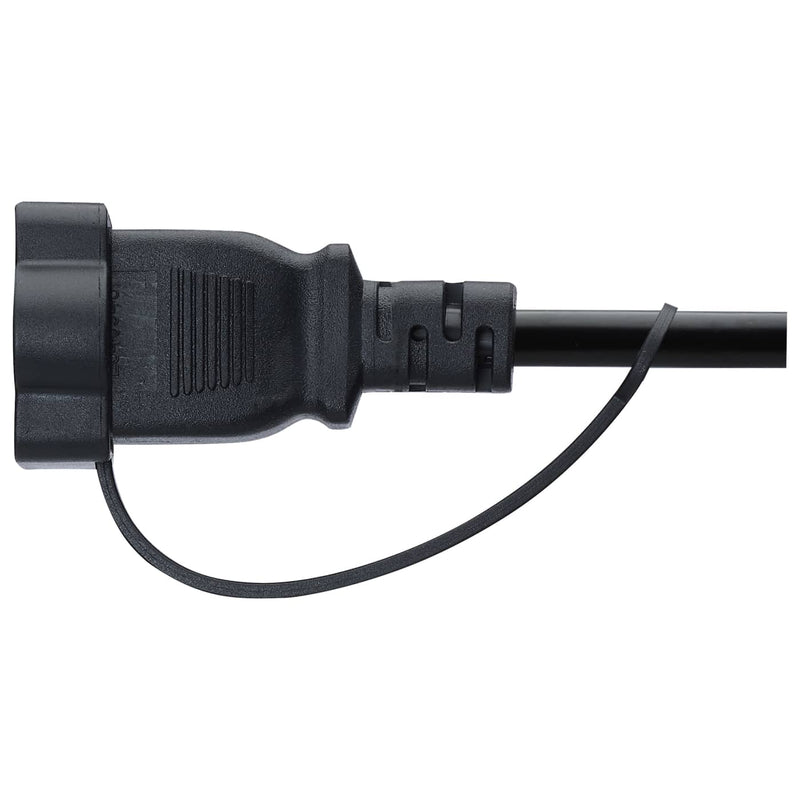 A close-up of a black plastic electrical plug connector with a short attached black cable on a plain white background.
