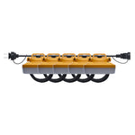 Yellow and gray electrical extension cord with multiple outlets on a white background