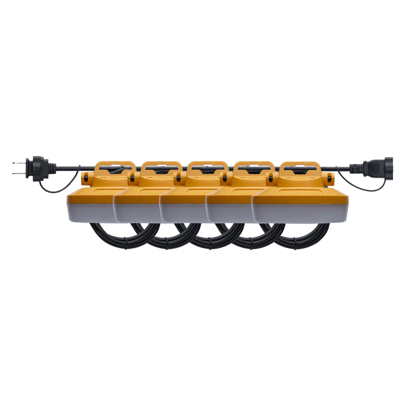 Yellow and gray electrical extension cord with multiple outlets on a white background