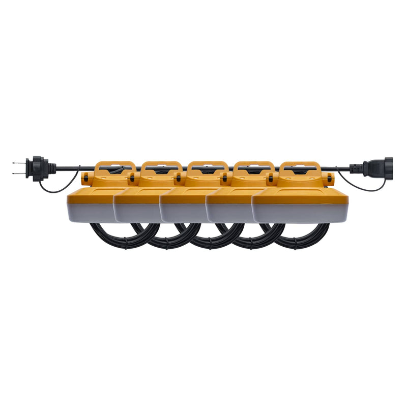 Yellow and gray electrical extension cord with multiple outlets on a white background