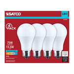 Satco LED light bulbs packaging with four bulbs on a red background